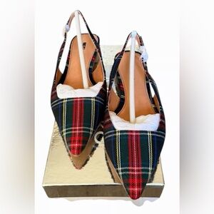 Matiko Red and Green Plaid Slingback Flats with a Slight Heel